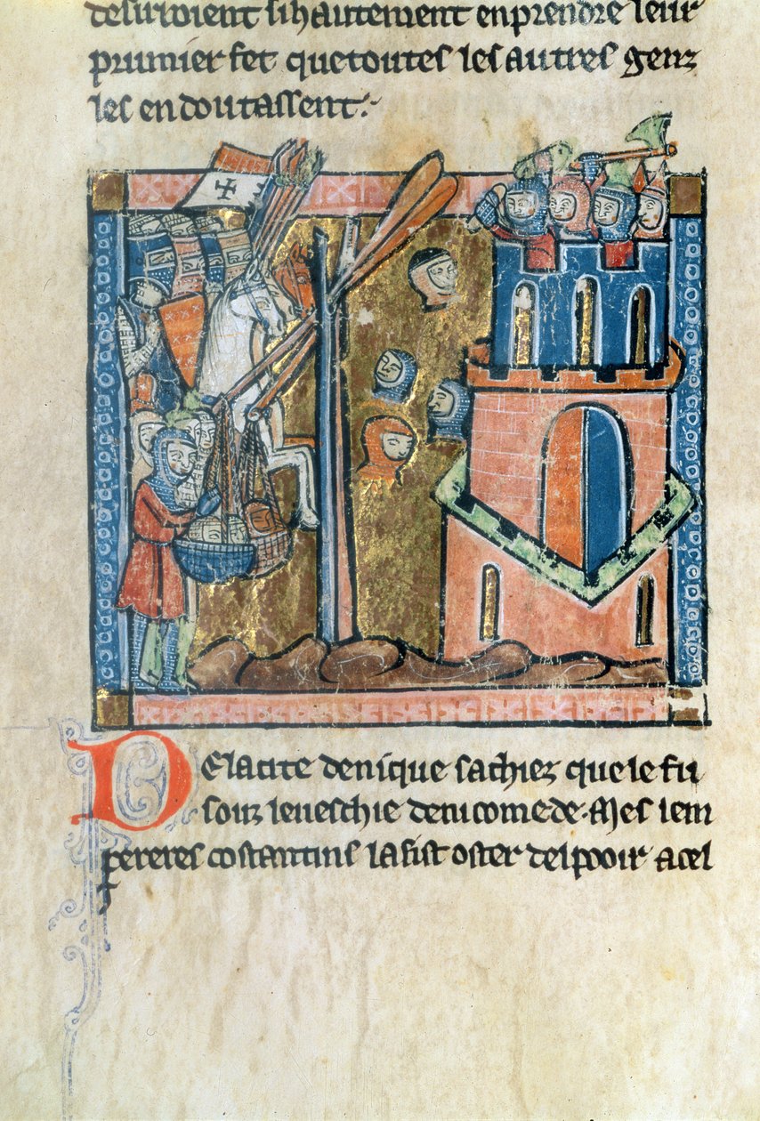 Fr.2630 f.22v Ristiretkeläiset pommittavat Nikaiaa päillä vuonna 1097 Estoire d