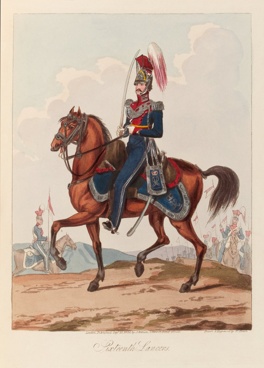 "Sixteenth Lancers" (akvatinta, värillinen) tekijältä William (after) Heath