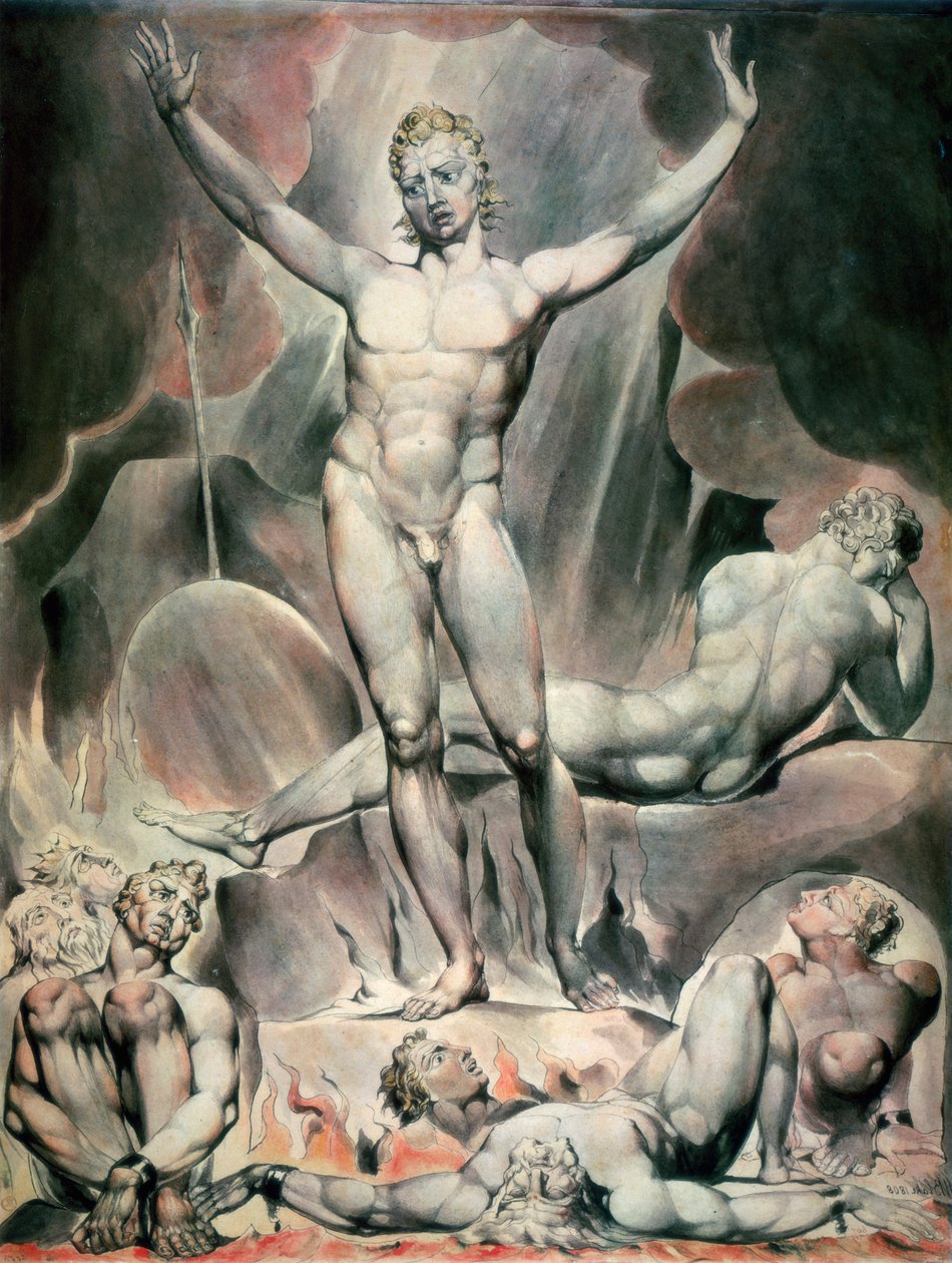 Saatana herättää kapinallisten enkelit, 1808 tekijältä William Blake