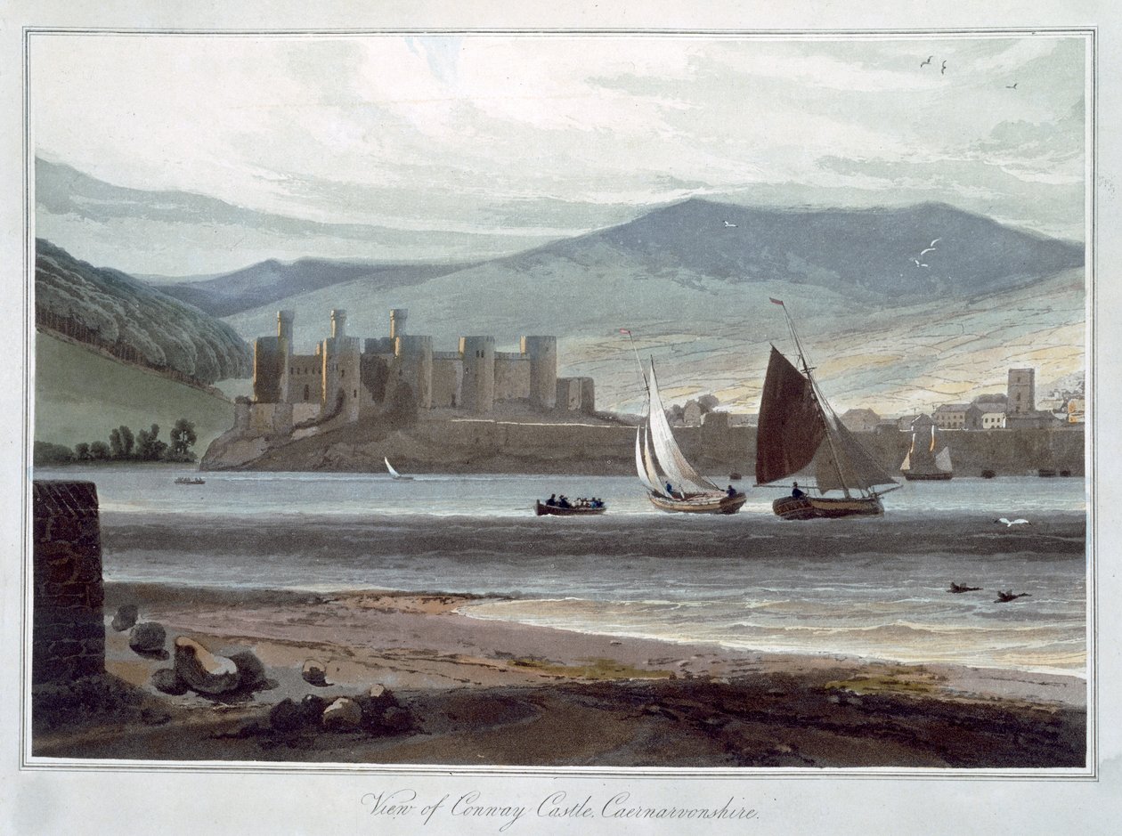 "Näkymä Conwayn linnalle, Caernarvonshire", Wales, 1814-1825 tekijältä William Daniell