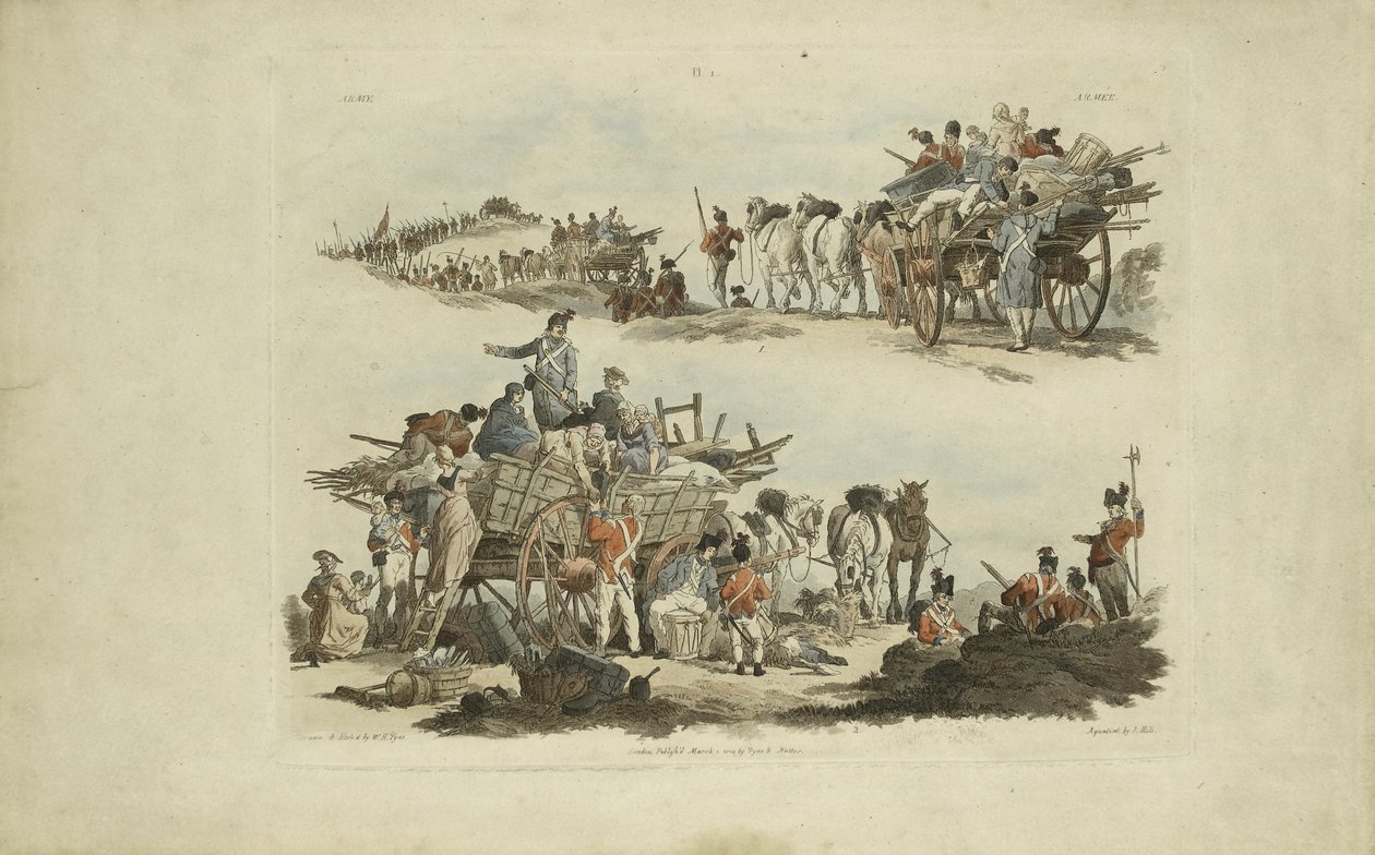 Leirikohtaukset, 1803 (värillinen etsaus) tekijältä William Henry after Pyne