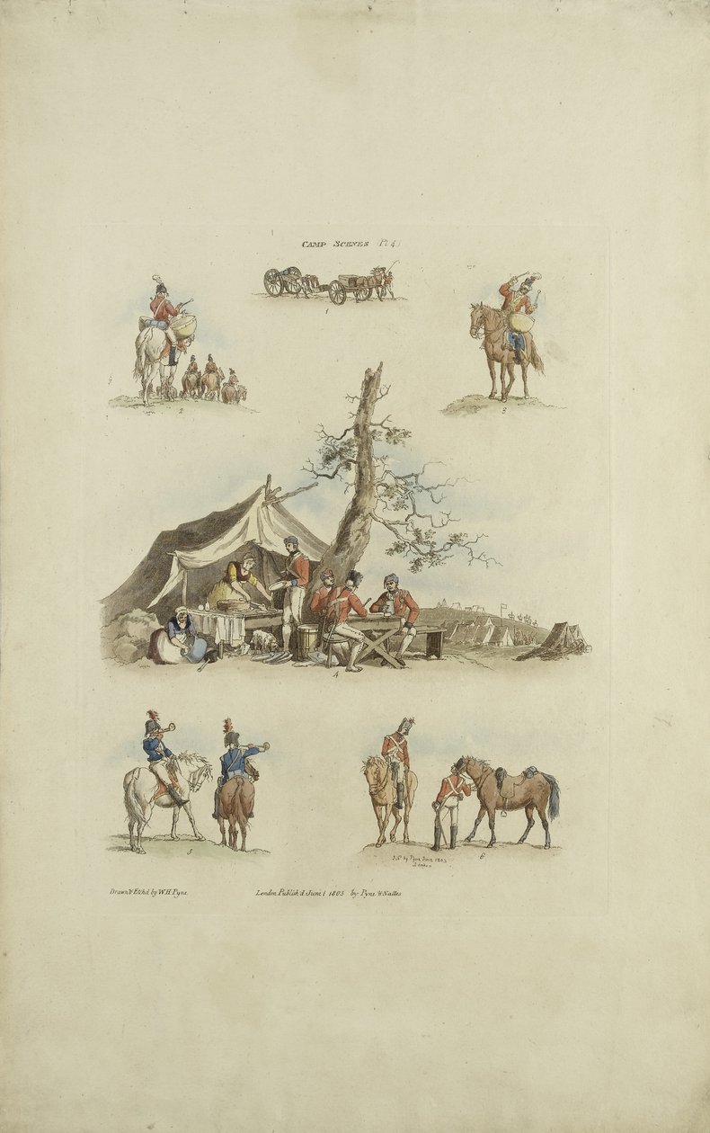 Leirikohtaukset, 1803 (värillinen etsaus) tekijältä William Henry after Pyne