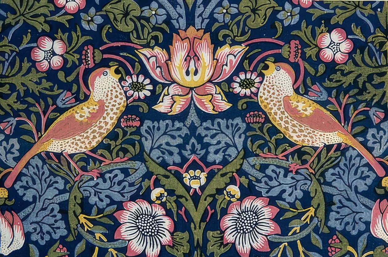 Mansikkavaras. Sisustuskangas (yksityiskohta). 1883 tekijältä William Morris