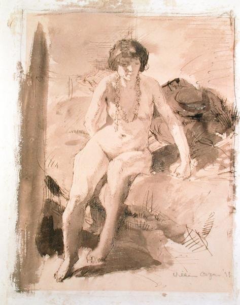 Alaston tyttö istuu sängyllä tekijältä William Orpen