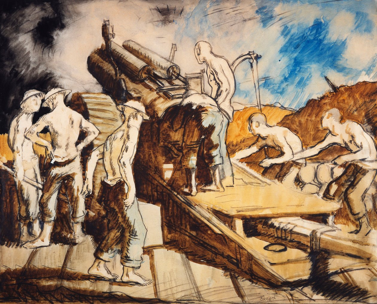 Haupitsi toiminnassa, n. 1917 tekijältä William Orpen