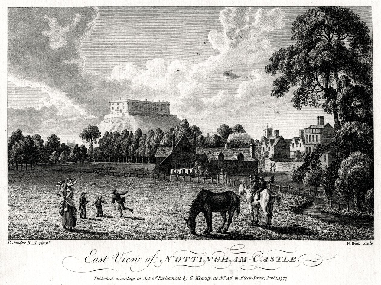 Itänäkymä Nottinghamin linnalle, Nottinghamshire, 1777 tekijältä William Watts