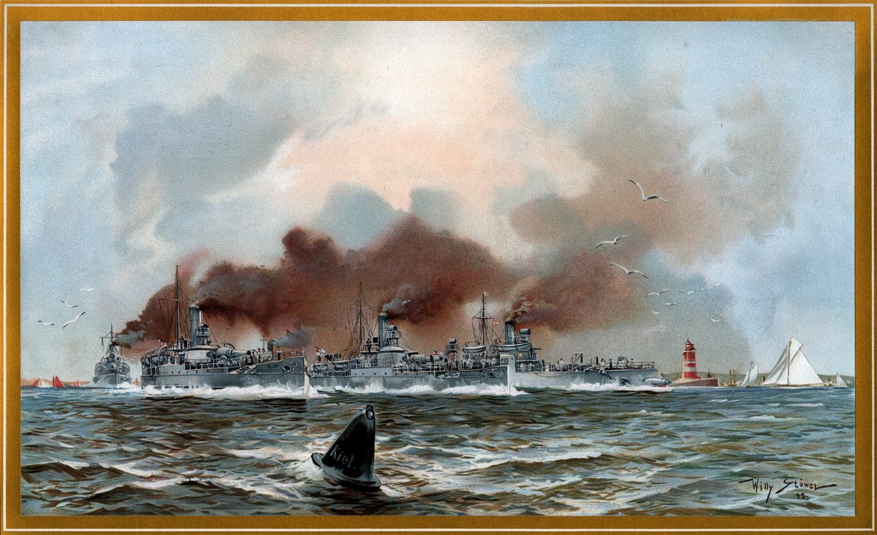 Kaiserliche Marine Urminius und Panzerkanonenboote bei Friedrichsort tekijältä Willy Stöwer