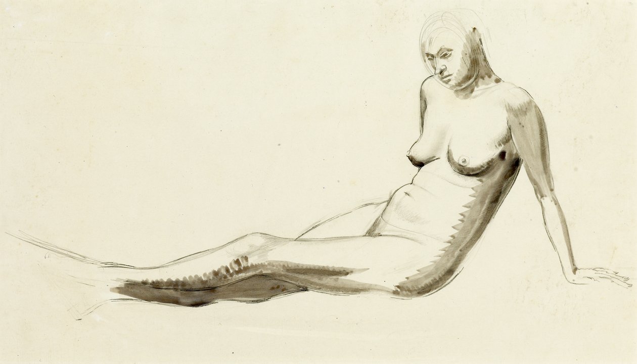 Istuva alaston, n. 1919 (kynä ja pesu kynällä) tekijältä Winifred Knights