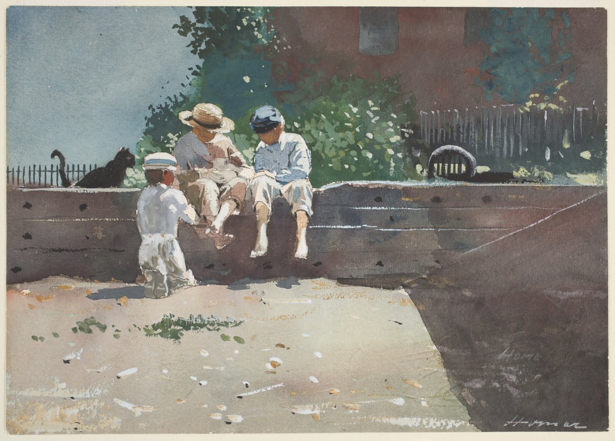 Pojat ja kissanpentu, 1873 (wc ja guassi kynällä paperille) tekijältä Winslow Homer