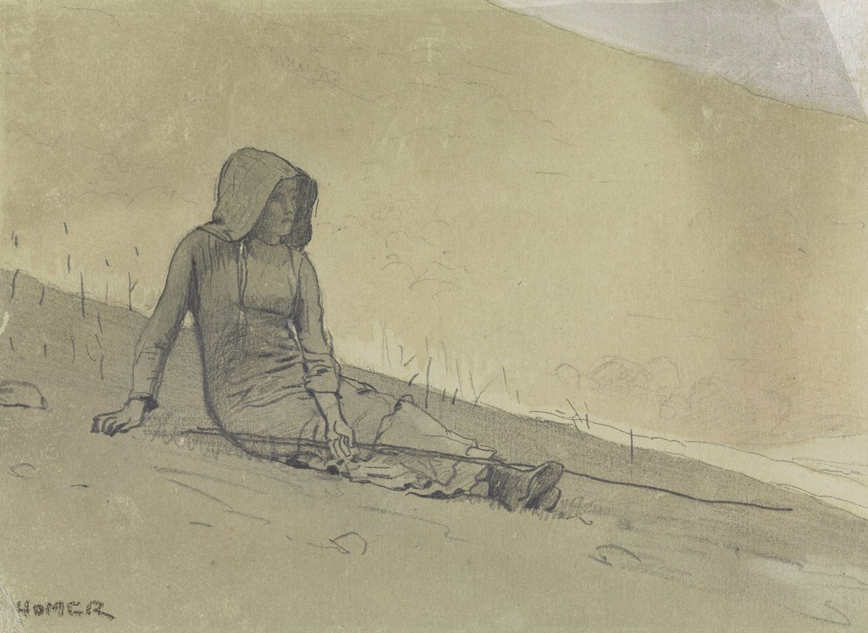 Tyttö istuu kukkulan rinteellä tekijältä Winslow Homer