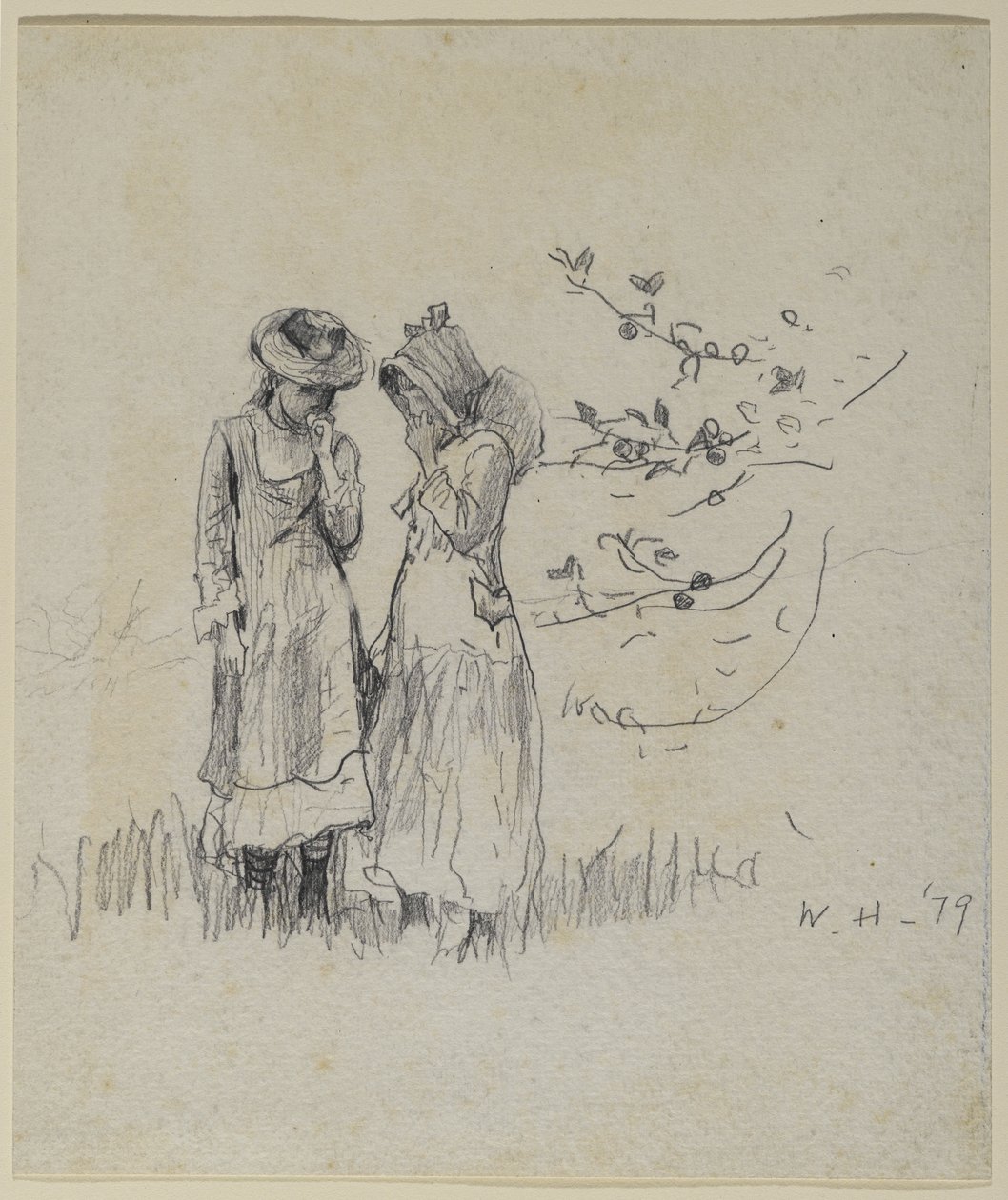 Kaksi tyttöä pellolla, 1879 (grafiitti paperille) tekijältä Winslow Homer