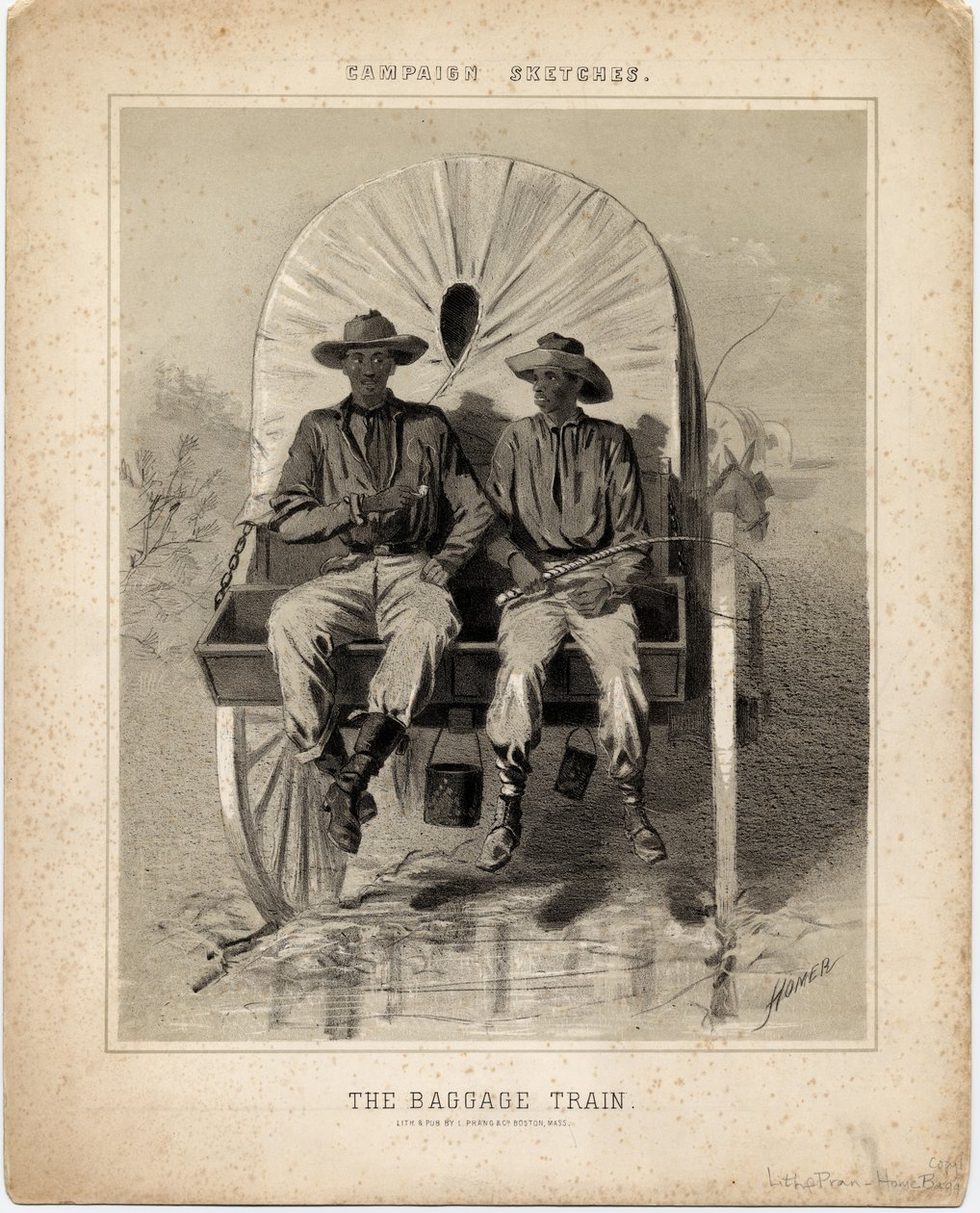 Matkatavarajuna, kuvitus julkaisusta "Campaign Sketches" tekijältä Winslow Homer