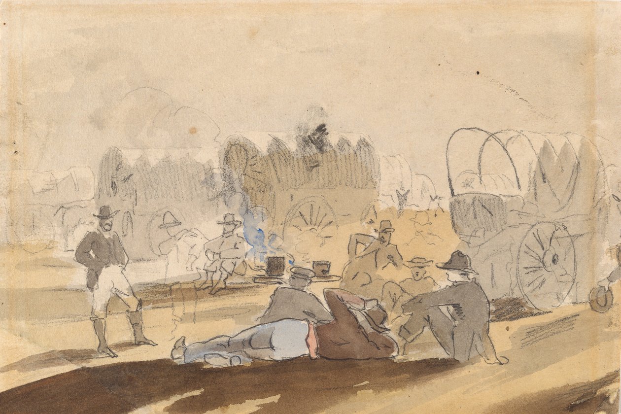 Karavaani katetuilla vaunuilla lepäämässä [recto], 1861. tekijältä Winslow Homer