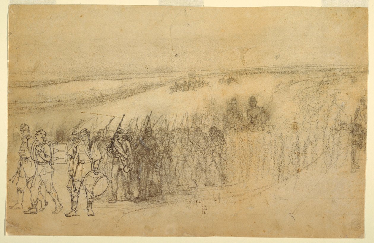 Piirros, marssiva jalkaväen kolonna, n. 1862. tekijältä Winslow Homer