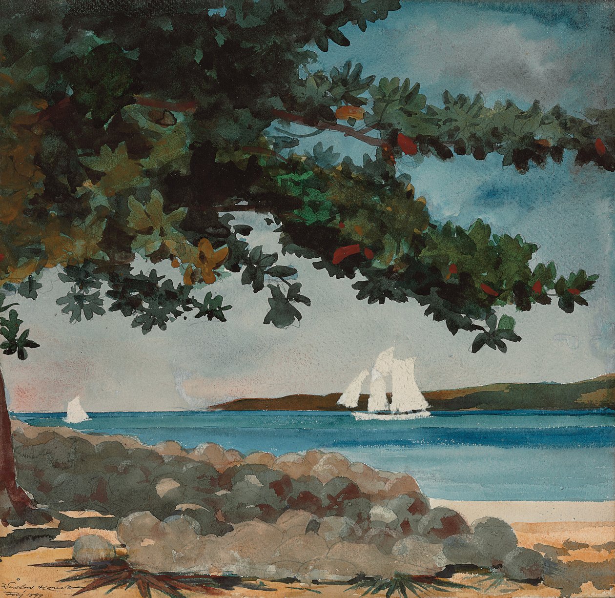 Nassau: Vesi ja purjevene, 1899 tekijältä Winslow Homer