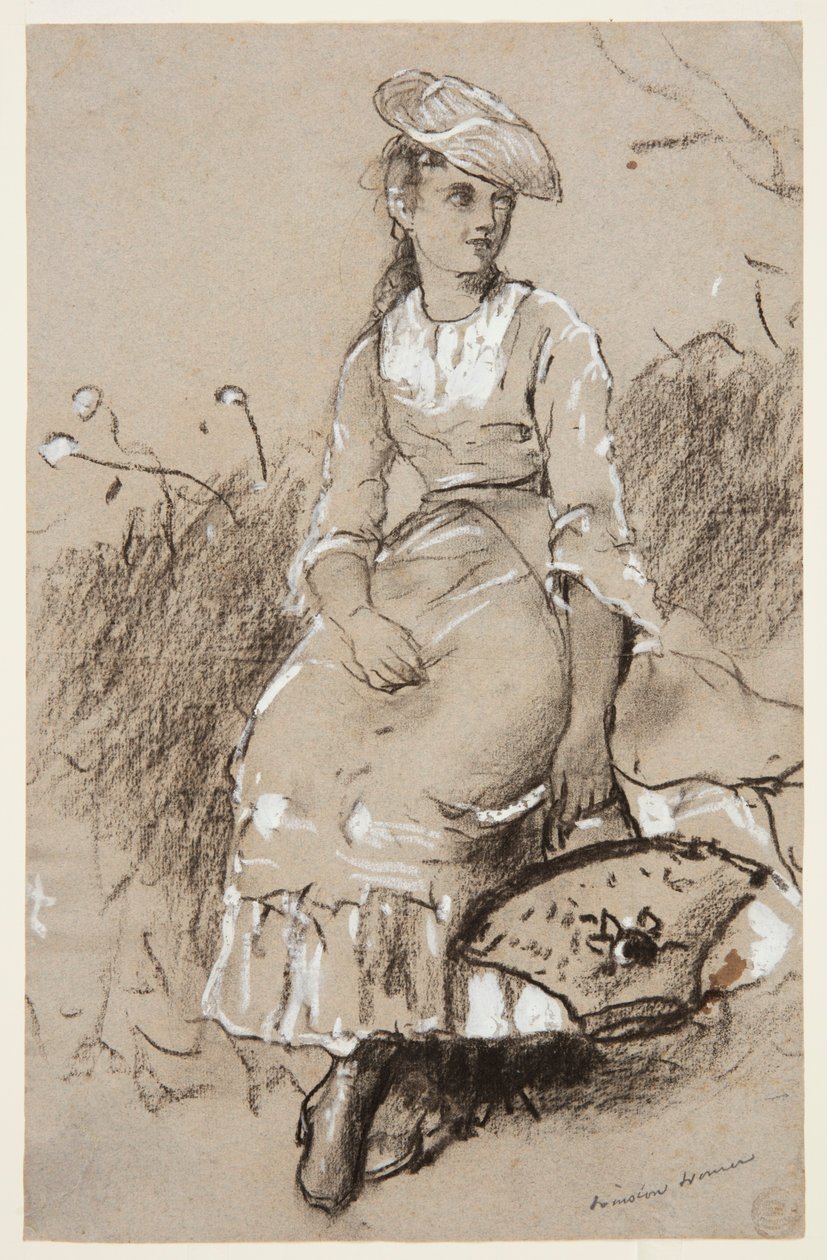 Istuva tyttö korin kanssa tekijältä Winslow Homer