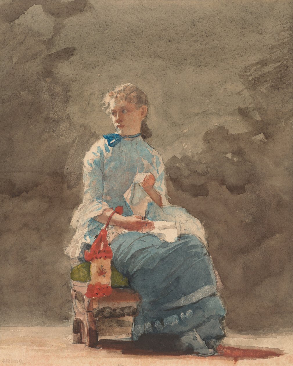 Nuori nainen ompelu, 1876. tekijältä Winslow Homer
