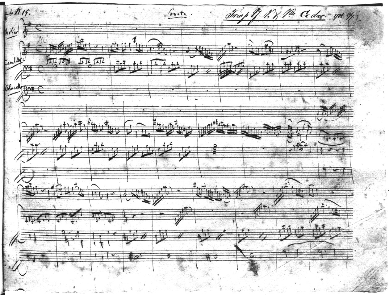 Trio G-duuri viululle, cembalolle ja sellolle (K 496) 1786 (1. sivu) tekijältä Wolfgang Amadeus Mozart