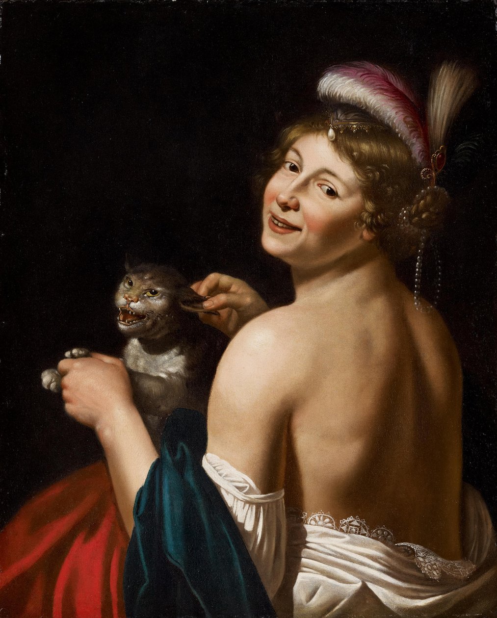 Eine Kurtisane am Ohr einer Katze ziehend tekijältä Workshop of Jan van Bijlert