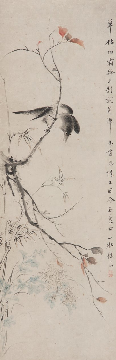 Bird on an Autumn Branch, Qing-dynastia (muste ja väri paperille) tekijältä Xu Gang