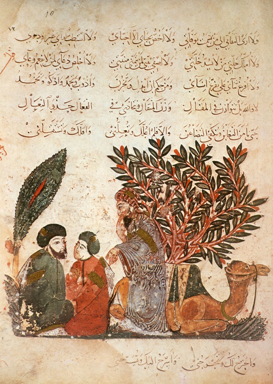 Ms Ar 5847 f.10, Karavaani pysähtyy: Al-Harith (al-Hariri) kuuntelee kääntymystä miehen ja hänen poikansa välillä, Al Haririn Al Maqamat, n. 1240 (guassi vellum) tekijältä Yahya ibn Mahmud Al Wasiti