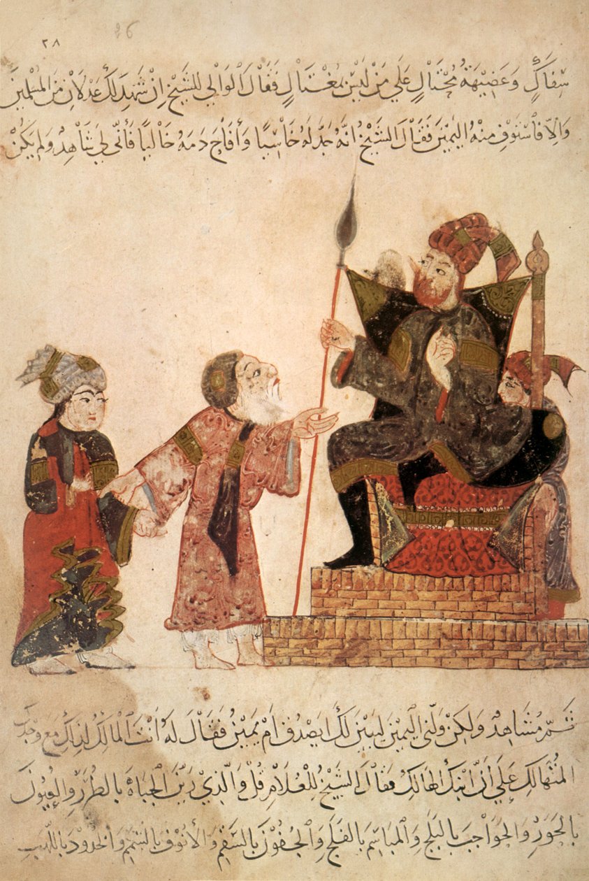 Ms Ar 5847 f.6, Abu Zayd ennen kuvernööri Rabatia, Al Haririn Al Maqamatista, n. 1240 (guassi vellum) tekijältä Yahya ibn Mahmud Al Wasiti