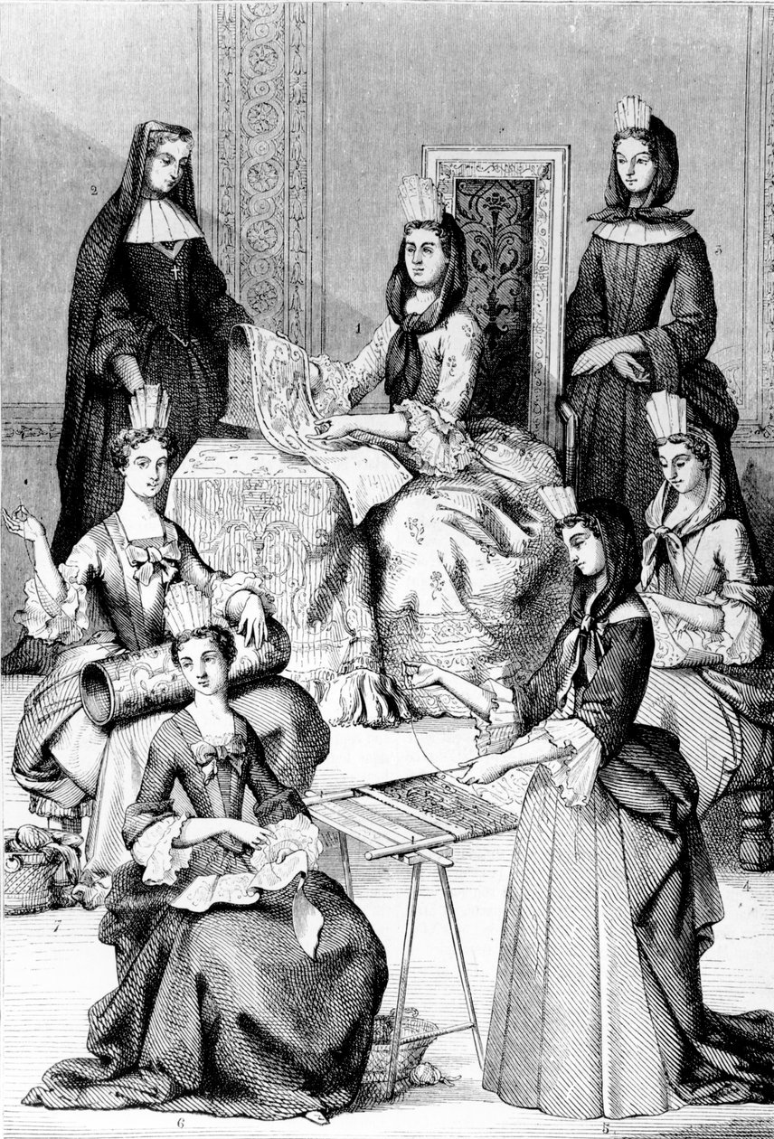 Madame de Saint-Cyr, nunna, noviisi ja neljän luokan nuoret tytöt tekijältä after Chevignard