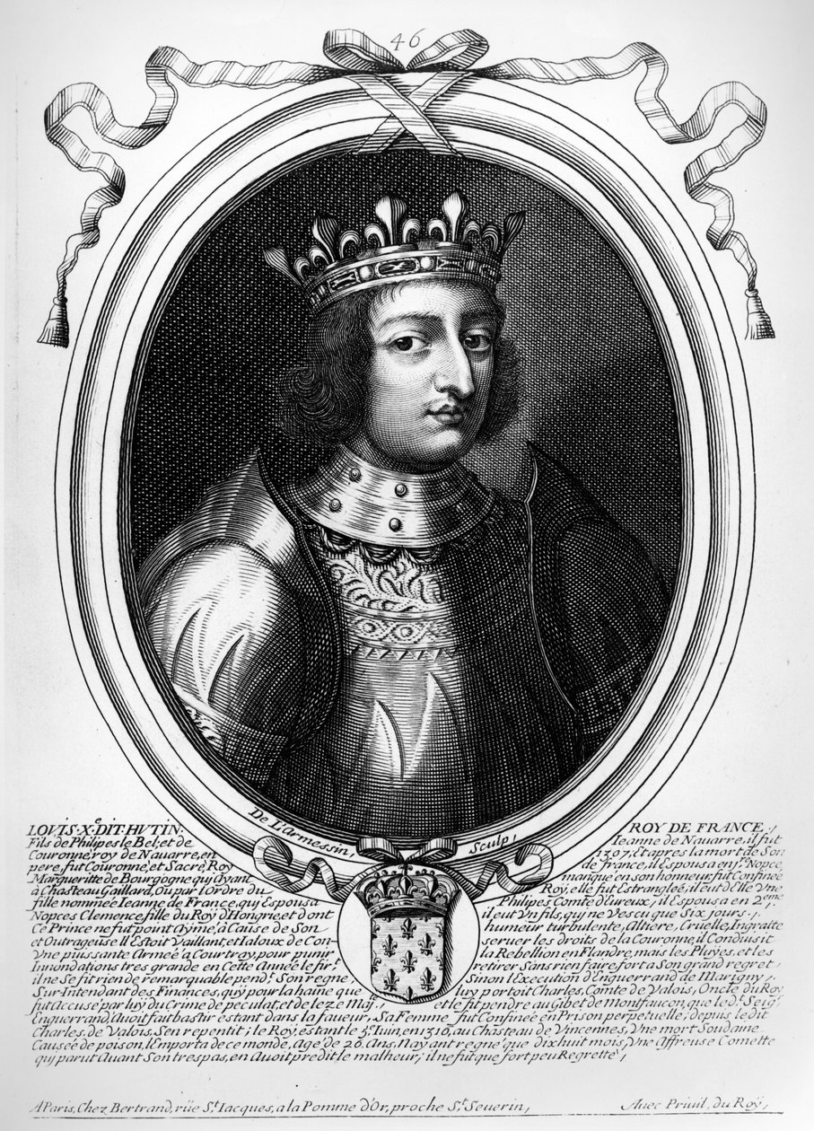 Ludvig X (1289-1316) itsepäinen, Ranskan ja Navarran kuningas, teoksesta "Les Augustes Representations de tous les Rois de France from Pharamond to Louis XIV", Pariisi, 1679 tekijältä Nicolas II de Larmessin