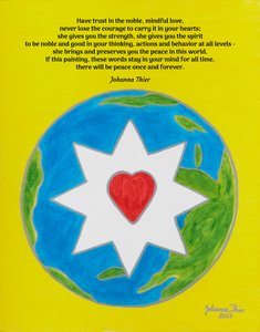 Rosentalin maalaus, jossa on jalon, tietoisuuteen perustuvan rakkauden tähti ihanteellista, rauhanomaista maailmaa varten. Rosentalin maalaus, jossa on jalon, tietoisuuteen perustuvan rakkauden tähti ihanteellista, rauhanomaista maailmaa varten.