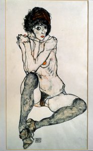 Nainen alasti istuva. Piirustus Egon Schiele