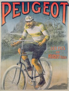 Peugeot-pyöriä mainostava juliste (värikaiverrus)