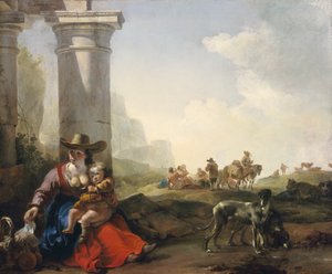 Italian talonpojat raunioiden keskellä, n. 164950