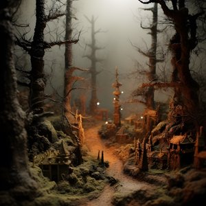Pienoiskokoinen halloween-metsä, jossa on sumuisia puita ja pelottava tunnelma 4