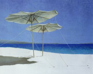 Sateenvarjot, Kreikka, 1995 (akryyli paperille)