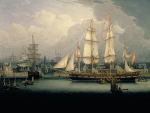 Nelimastoinen klipperilaiva Liverpoolin satamassa, noin 1810