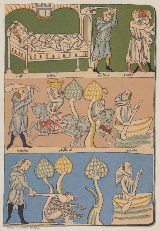 Miniatyyreja Gottfried von Strassburgin 1200-luvun Münchenin käsikirjoituksesta Tristan und Isolde tekijältä German School