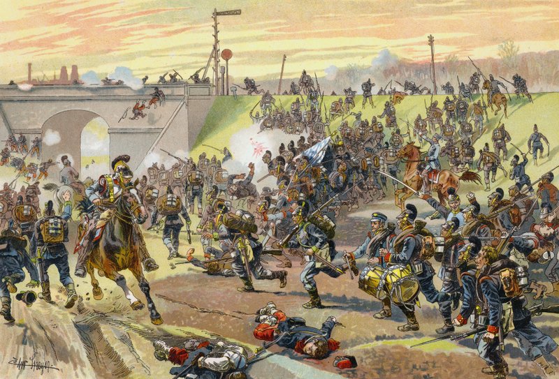 Baijerin 1. armeijakunta rynnäköi rautatiepenkereelle Orleansin ulkopuolella, Ranskan ja Preussin sota, 11. lokakuuta 1870. tekijältä German School