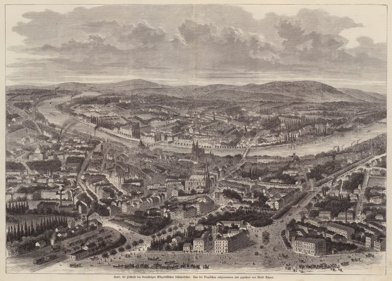 Lintuperspektiivistä Basel, Sveitsi (kaiverrus) tekijältä Adolf Eltzner