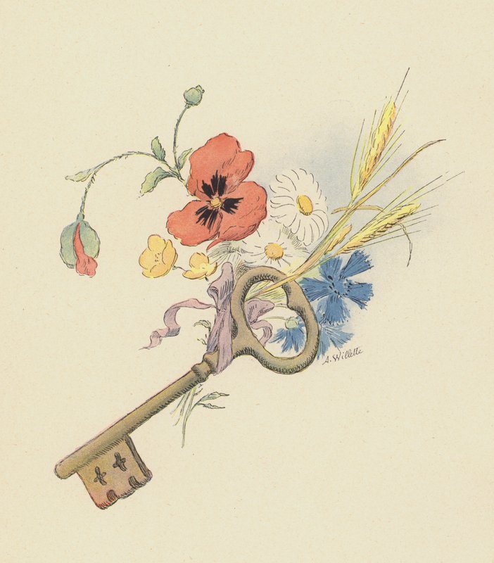 Avain ja kukat (väri litho) tekijältä Adolphe Leon Willette