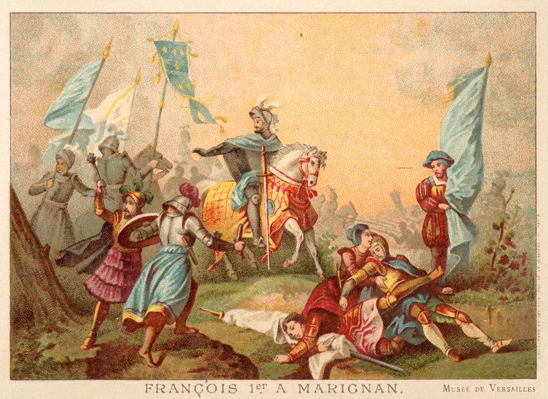Franciscus I Ranskalainen Marignanon taistelussa, 1515 (chromolitho) tekijältä Alexandre Evariste Fragonard