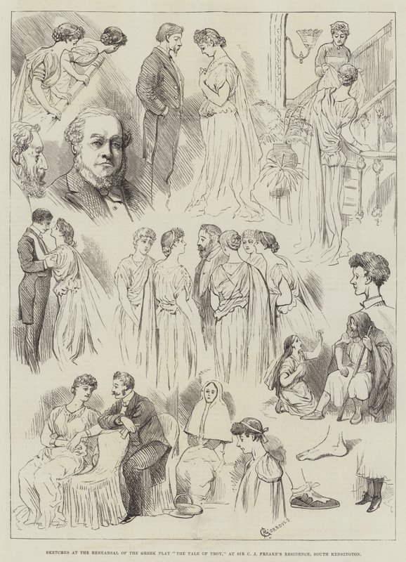 Luonnoksia kreikkalaisen Troijan tarina -näytelmän harjoituksissa Sir C. J. Freaken residenssissä, South Kensingtonissa. tekijältä Alfred Courbould
