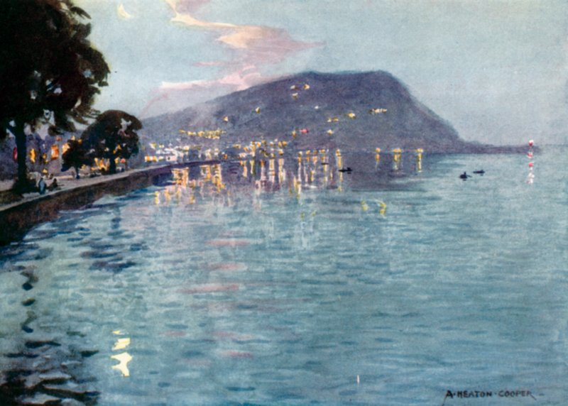 Minehead by Moonlight (väri litho) tekijältä Alfred Heaton Cooper