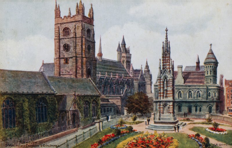 Plymouth, St Andrewsin kirkko ja Guildhali tekijältä Alfred Robert Quinton