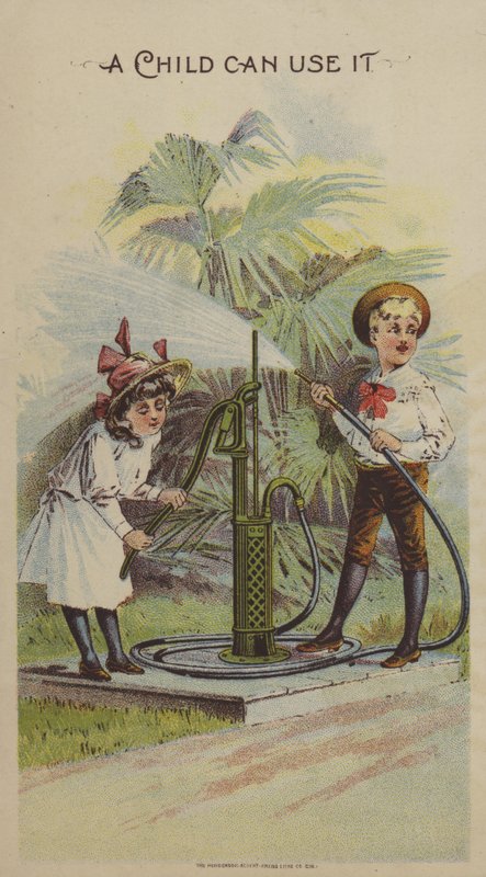 Lapset leikkivät vesipumpulla (chromolitho) tekijältä American School