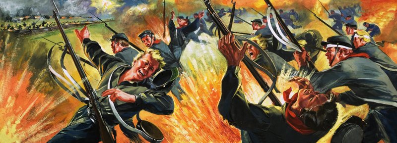Tunnistamaton taistelukohtaus, luultavasti Amerikan sisällissota tekijältä Angus McBride
