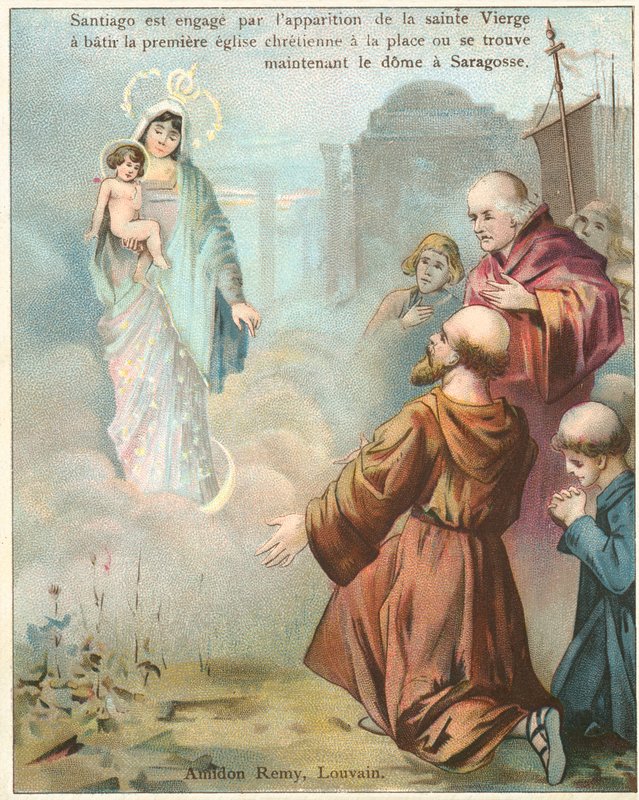 Pyhä Jaakob Suuri näkee näyn Neitsyt Mariasta Saragossassa (chromolitho) tekijältä Belgian School