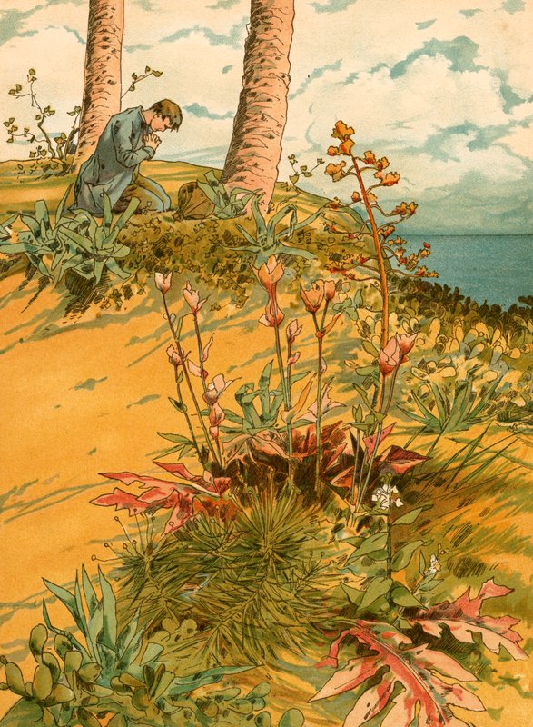 Robinson Crusoe rukouksessa "kirkossaan" tekijältä Carl Marr