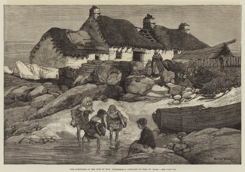Vaalit Mansaarella, kalastajien mökit Port St Maryssa tekijältä Charles Auguste Loye