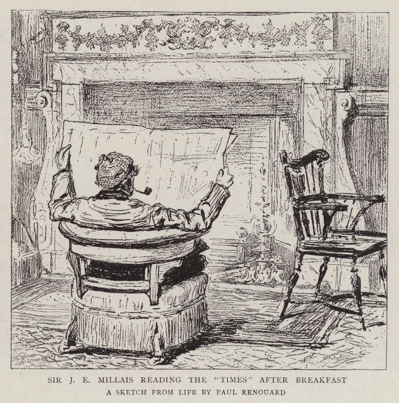 Sir J E Millais lukee The Timesia aamiaisen jälkeen tekijältä Charles Paul Renouard