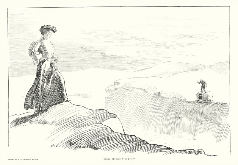 "Katso ennen kuin hyppäät" (litografia) tekijältä Charles Dana Gibson